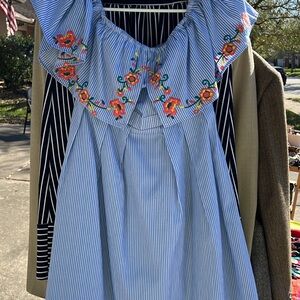 Blue Striped Dress with Floral Embroidery